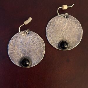 Artisan Hammered Sterling Silver Disc Earrings with Onyx Cabochon Accent